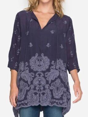 Johnny Was Navy Embroidered Tunic Top